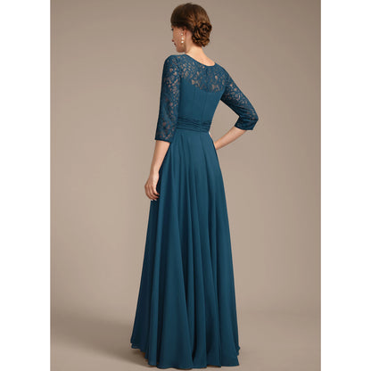 Elegant A-Line Boat Neck Three-Quarter Sleeve Lace Teal Blue Floor-Length Mother of the Bride Gown