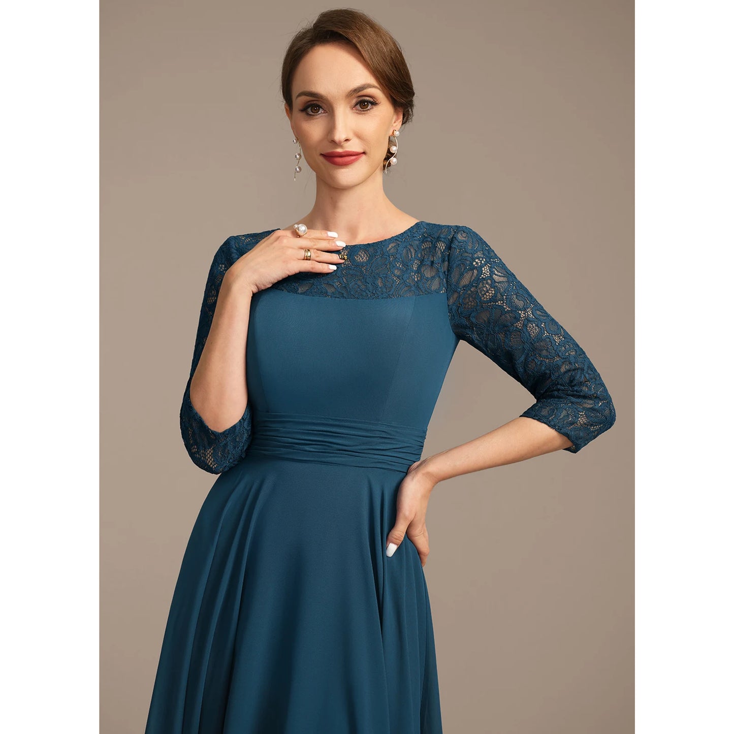 Elegant A-Line Boat Neck Three-Quarter Sleeve Lace Teal Blue Floor-Length Mother of the Bride Gown