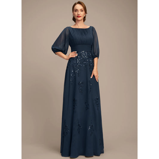 Elegant A-Line Boat Neck Three-Quarter Sleeve Navy Mother Of The Bride Dress