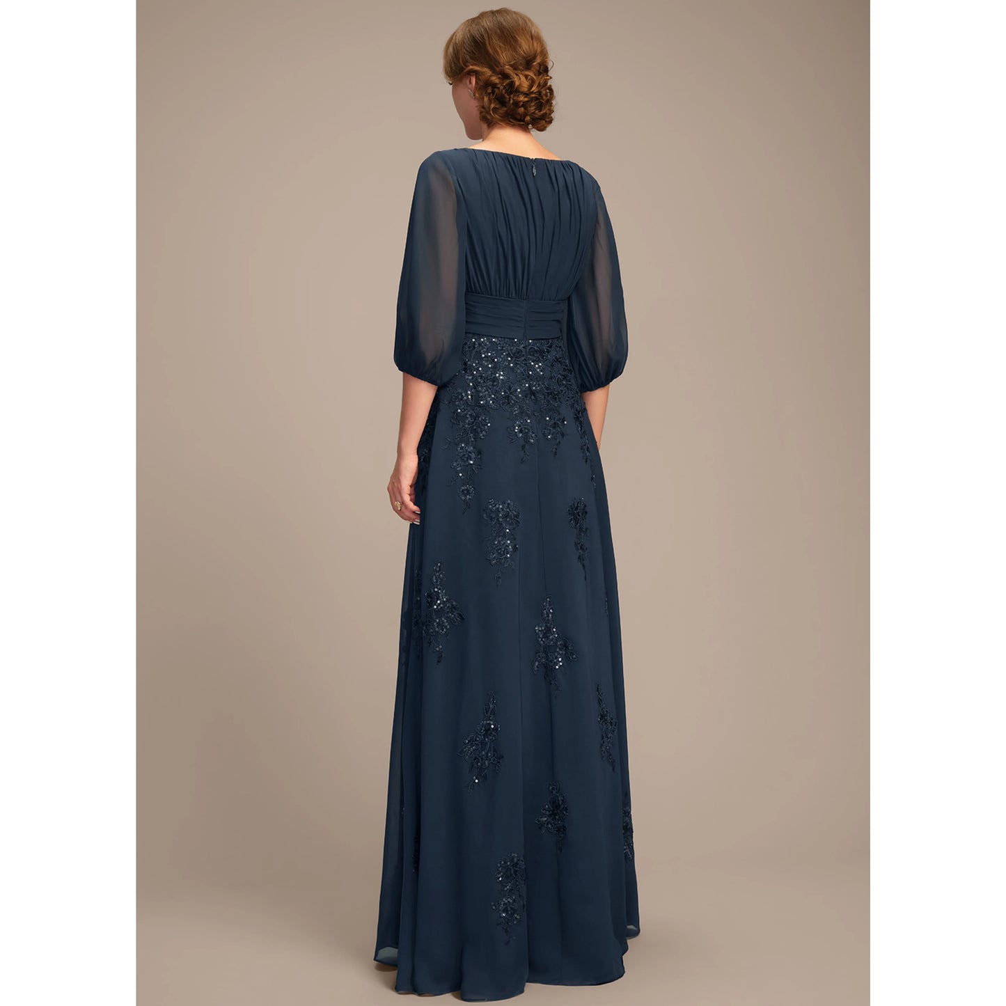 Elegant A-Line Boat Neck Three-Quarter Sleeve Navy Mother Of The Bride Dress