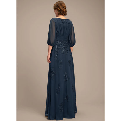 Elegant A-Line Boat Neck Three-Quarter Sleeve Navy Mother Of The Bride Dress