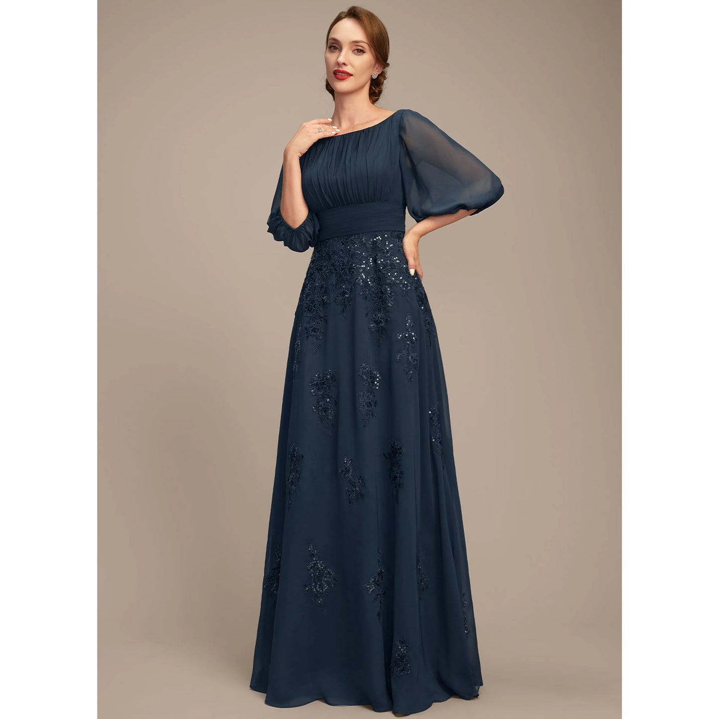 Elegant A-Line Boat Neck Three-Quarter Sleeve Navy Mother Of The Bride Dress