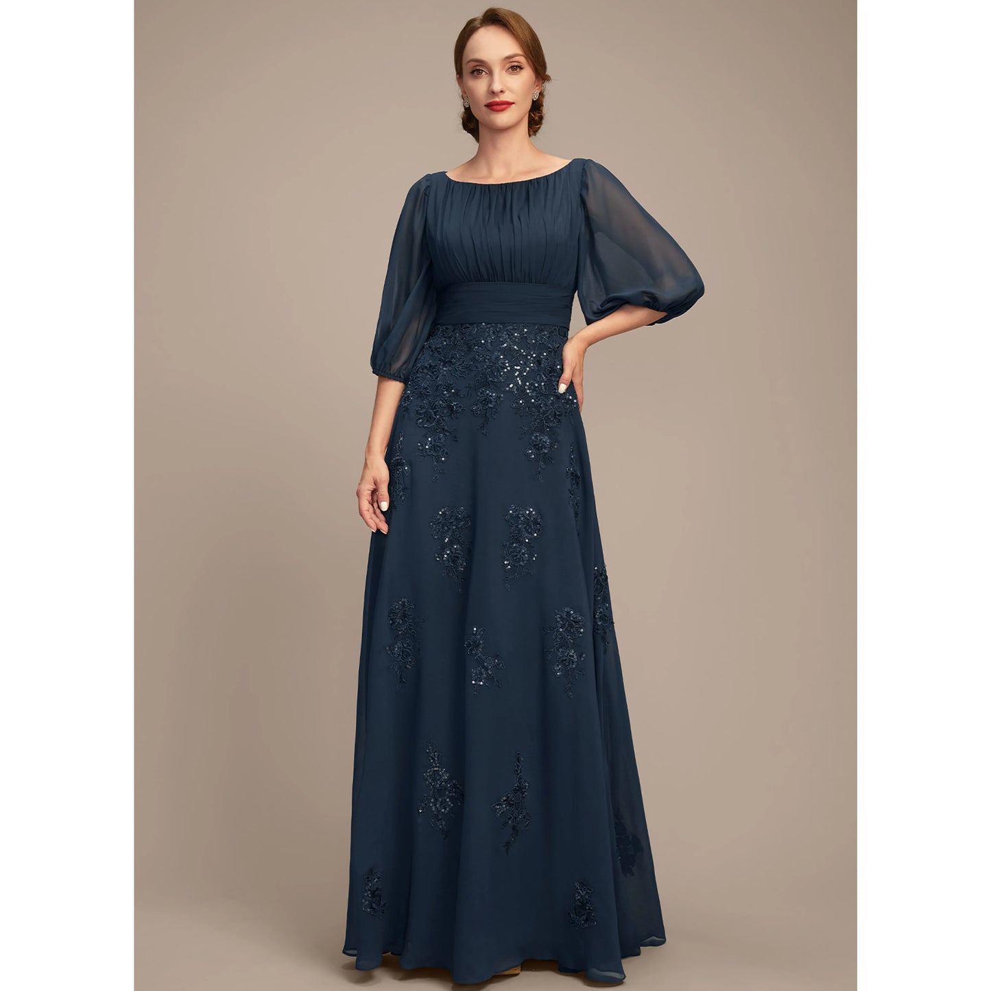 Elegant A-Line Boat Neck Three-Quarter Sleeve Navy Mother Of The Bride Dress