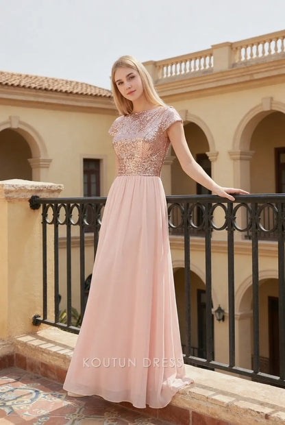 Elegant A-Line Cap Sleeve Sequin Blush Floor-Length Prom Dress Gown