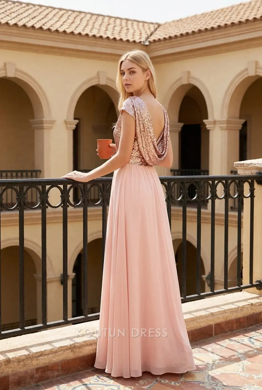 Elegant A-Line Cap Sleeve Sequin Blush Floor-Length Prom Dress Gown
