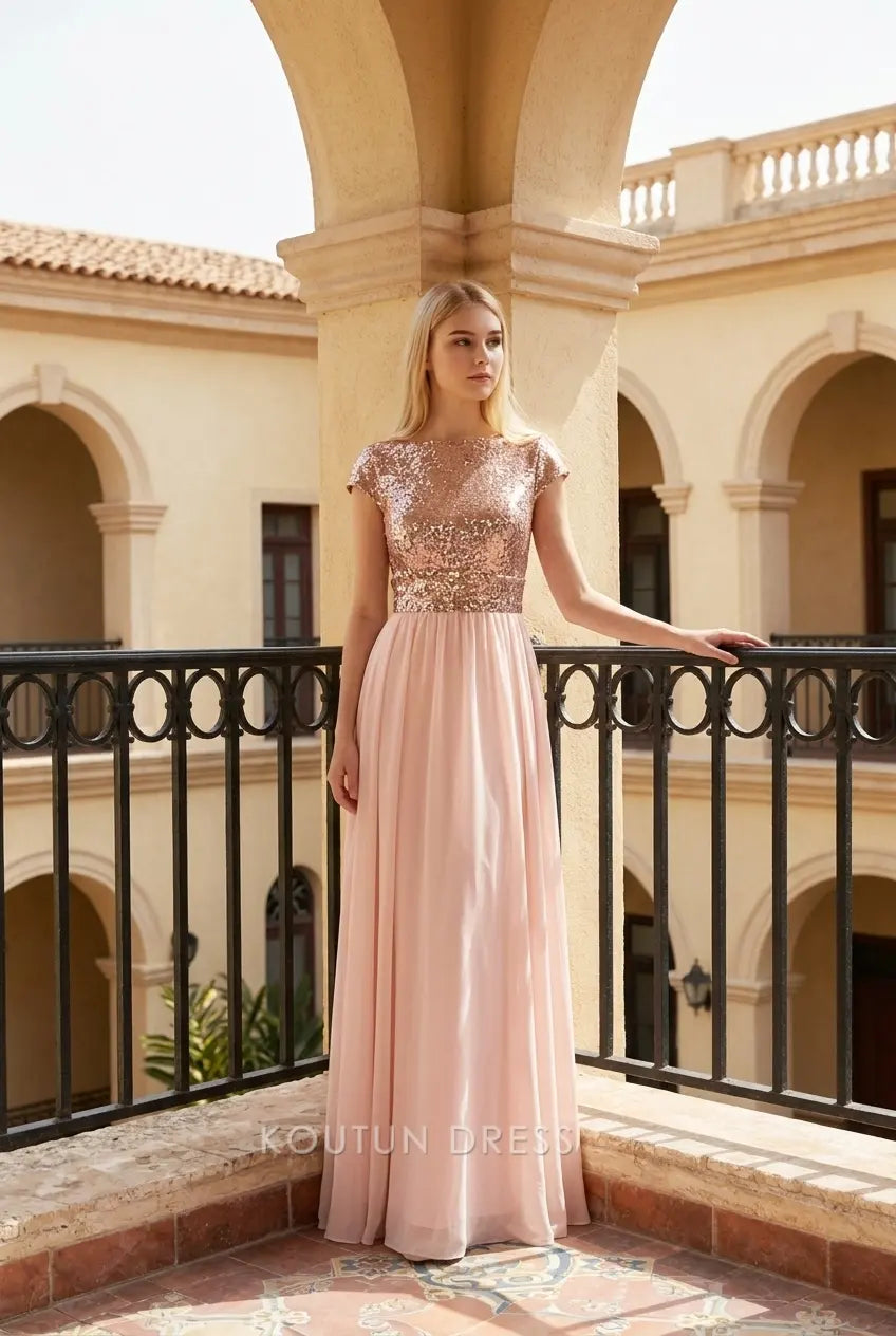 Elegant A-Line Cap Sleeve Sequin Blush Floor-Length Prom Dress Gown