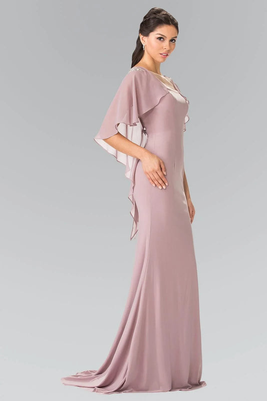 Elegant A-Line Cape Sleeve Embellished Dusty Rose Floor-Length Mother of the Bride Gown