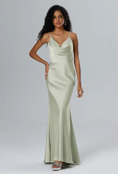 Elegant A-Line Cowl-Neck Sleeveless Tie-Back Sage Floor-Length Bridesmaid Dress Women Gown