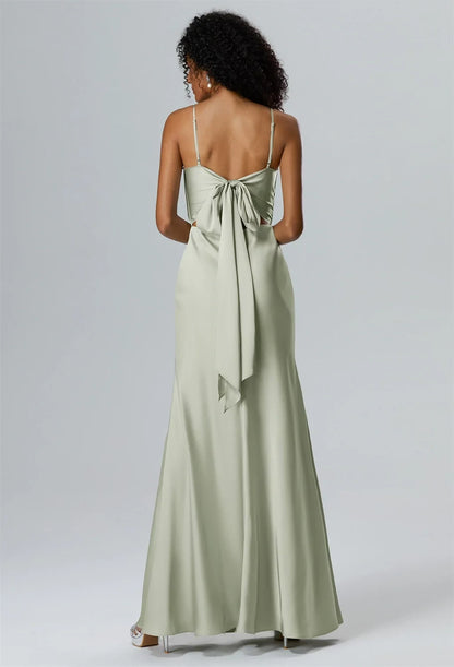 Elegant A-Line Cowl-Neck Sleeveless Tie-Back Sage Floor-Length Bridesmaid Dress Women Gown