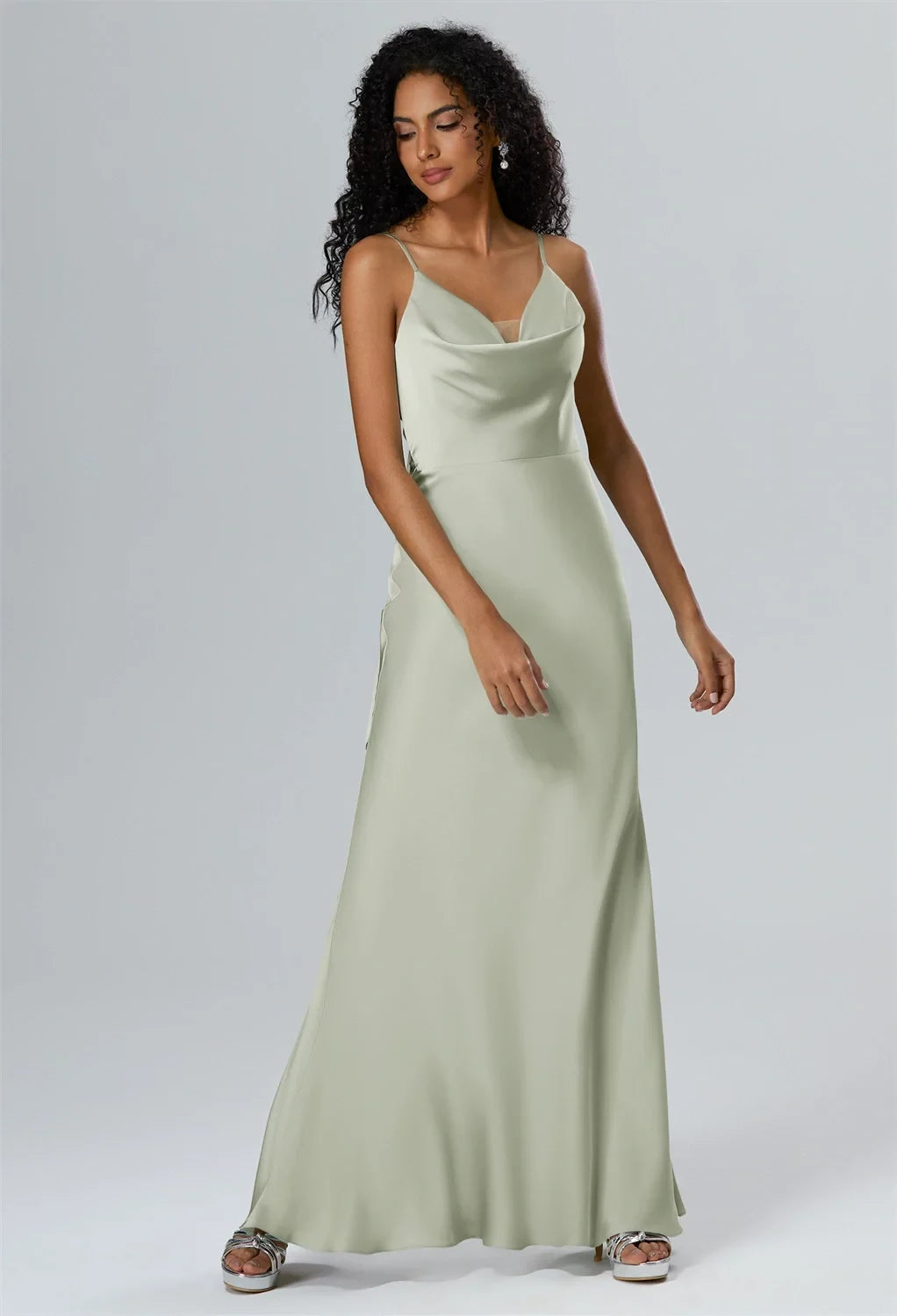 Elegant A-Line Cowl-Neck Sleeveless Tie-Back Sage Floor-Length Bridesmaid Dress Women Gown