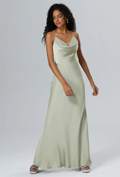 Elegant A-Line Cowl-Neck Sleeveless Tie-Back Sage Floor-Length Bridesmaid Dress Women Gown