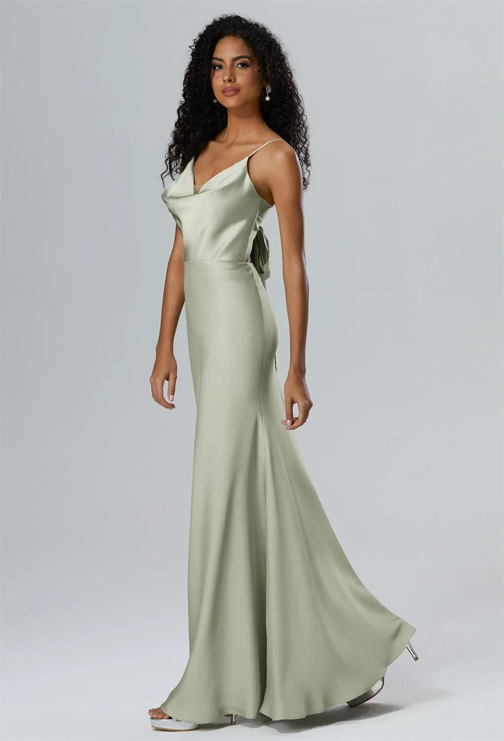 Elegant A-Line Cowl-Neck Sleeveless Tie-Back Sage Floor-Length Bridesmaid Dress Women Gown