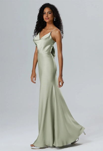 Elegant A-Line Cowl-Neck Sleeveless Tie-Back Sage Floor-Length Bridesmaid Dress Women Gown