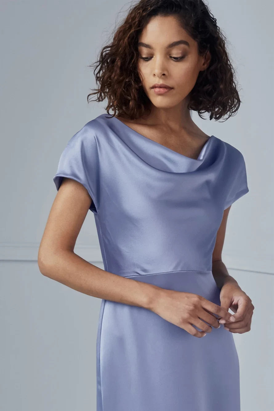 Elegant A-Line Cowl Neck Cap Sleeve Graceful Periwinkle Floor-Length Bridesmaid Dress