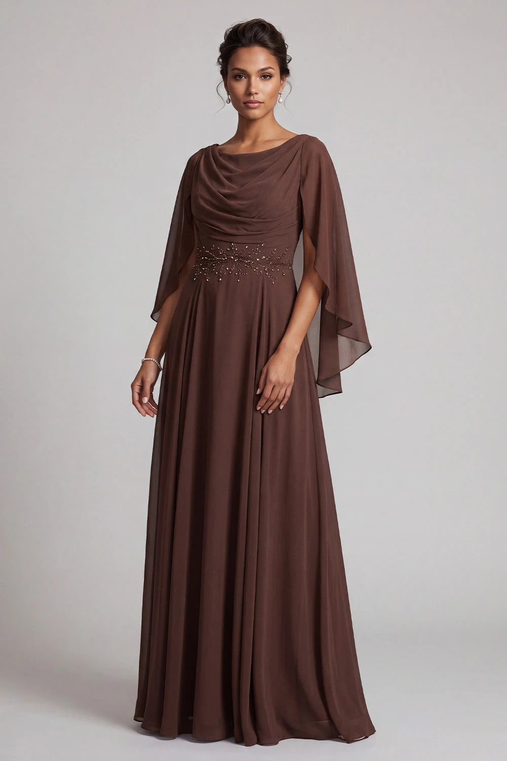 Elegant A-Line Cowl Neck Cape Sleeve Beaded Brown Floor-Length Prom Gown