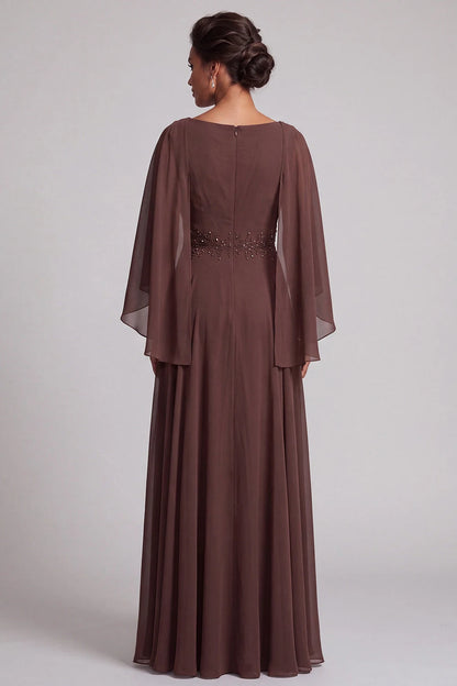 Elegant A-Line Cowl Neck Cape Sleeve Beaded Brown Floor-Length Prom Gown
