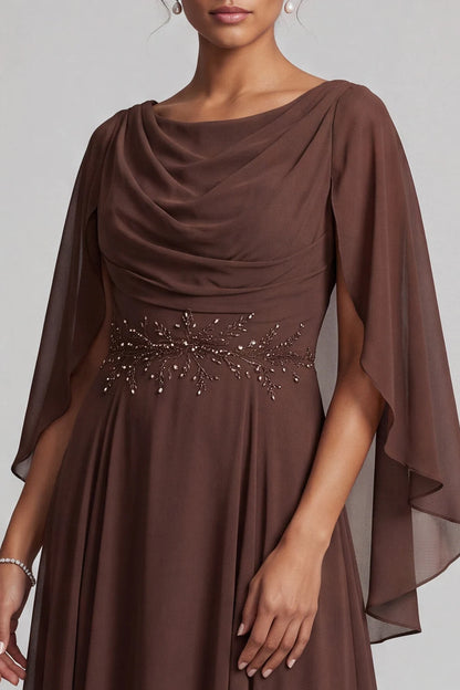 Elegant A-Line Cowl Neck Cape Sleeve Beaded Brown Floor-Length Prom Gown