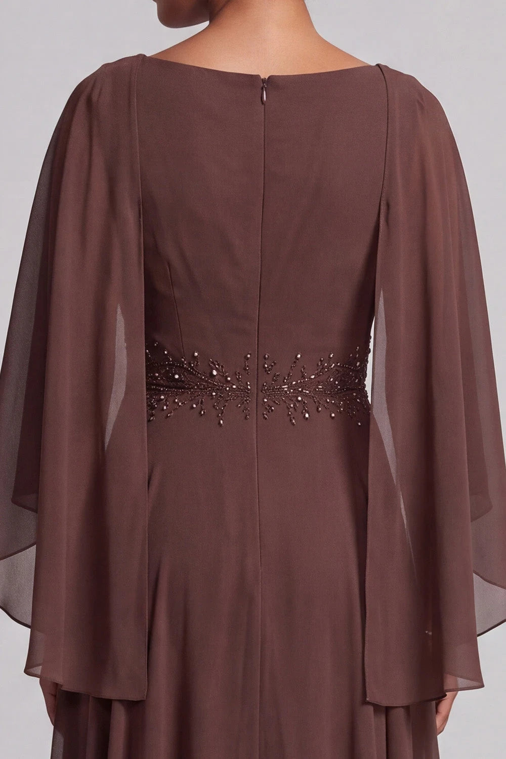 Elegant A-Line Cowl Neck Cape Sleeve Beaded Brown Floor-Length Prom Gown
