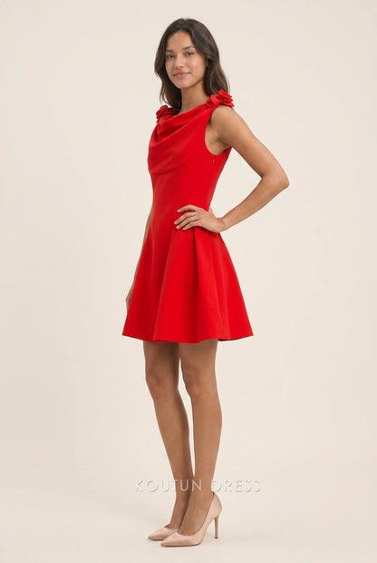 Elegant A-Line Cowl Neck Floral Shoulder Flared Skirt Red Short Homecoming Dresses