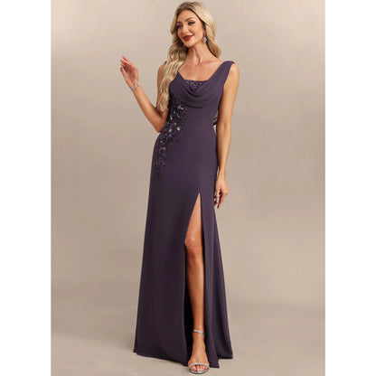 Elegant A-Line Cowl Neck Sleeveless Beaded Slit Plum Mother of the Bride Gown
