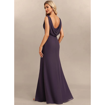 Elegant A-Line Cowl Neck Sleeveless Beaded Slit Plum Mother of the Bride Gown