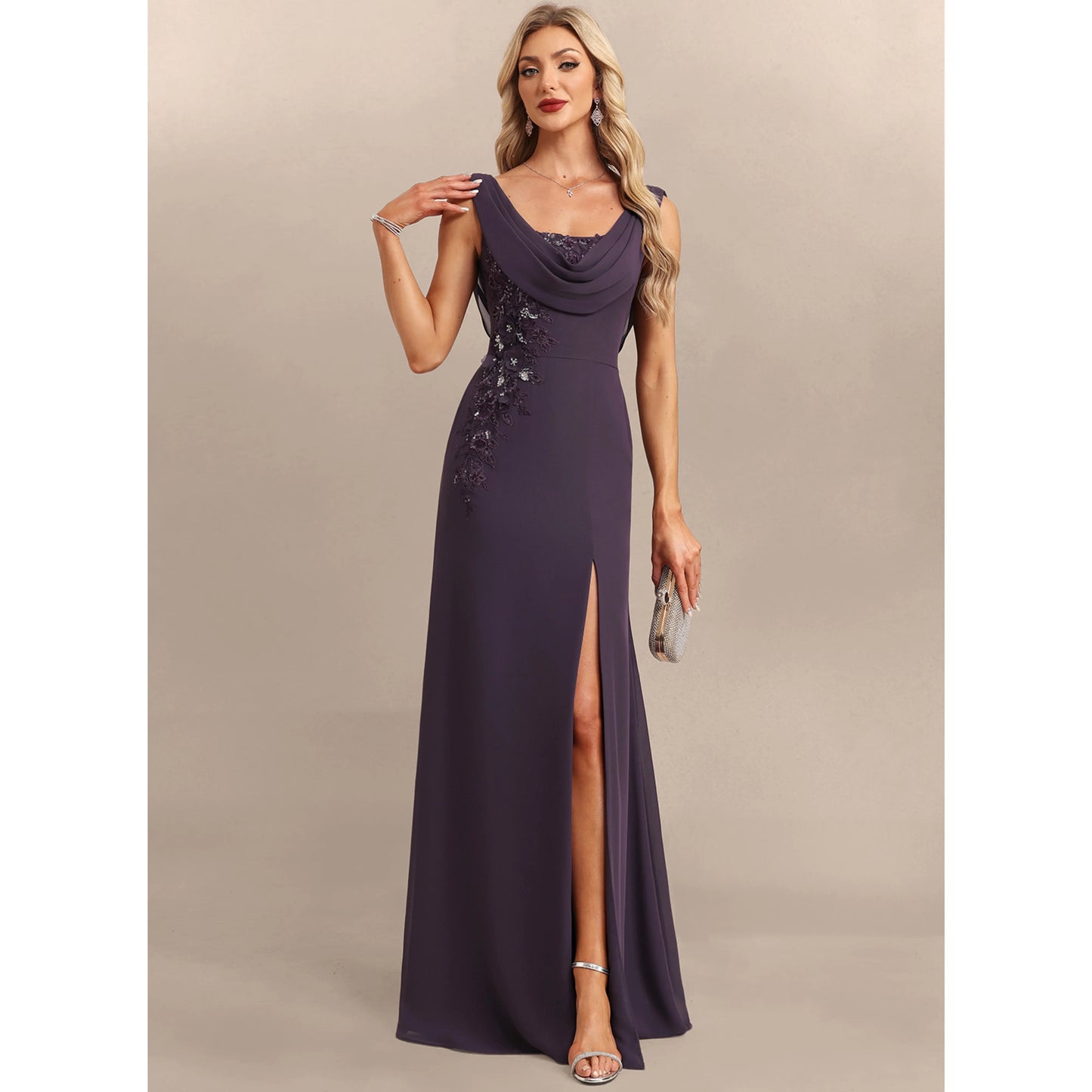 Elegant A-Line Cowl Neck Sleeveless Beaded Slit Plum Mother of the Bride Gown