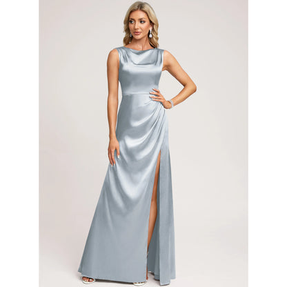 Elegant A-Line Cowl Neck Sleeveless Draped Slit Dusty Blue Floor-Length Prom Dresses