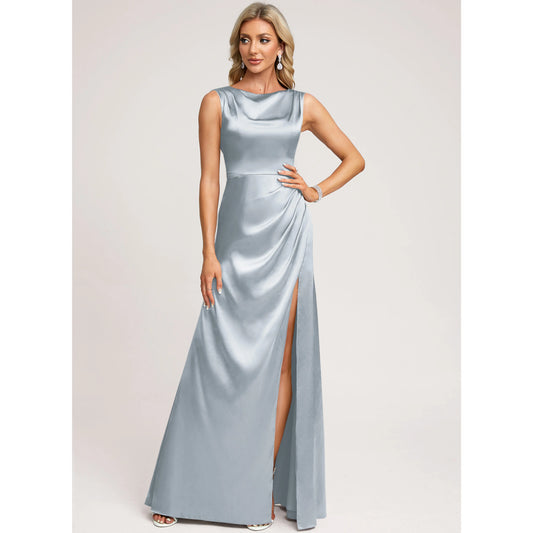 Elegant A-Line Cowl Neck Sleeveless Draped Slit Dusty Blue Floor-Length Prom Dresses