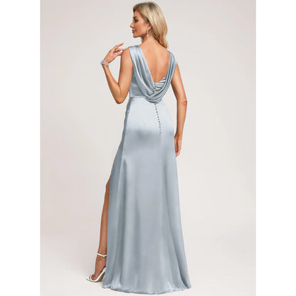 Elegant A-Line Cowl Neck Sleeveless Draped Slit Dusty Blue Floor-Length Prom Dresses