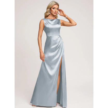 Elegant A-Line Cowl Neck Sleeveless Draped Slit Dusty Blue Floor-Length Prom Dresses