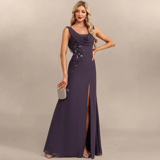 Elegant A-Line Cowl Neck Sleeveless Embellished Slit Plum Floor-Length Prom Dress