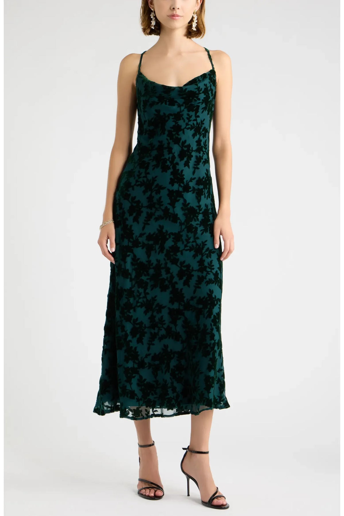 Elegant A-Line Cowl Neck Sleeveless Floral Dark Green Midi Evening Dress