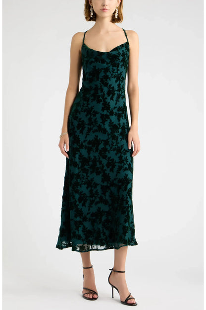 Elegant A-Line Cowl Neck Sleeveless Floral Dark Green Midi Evening Dress