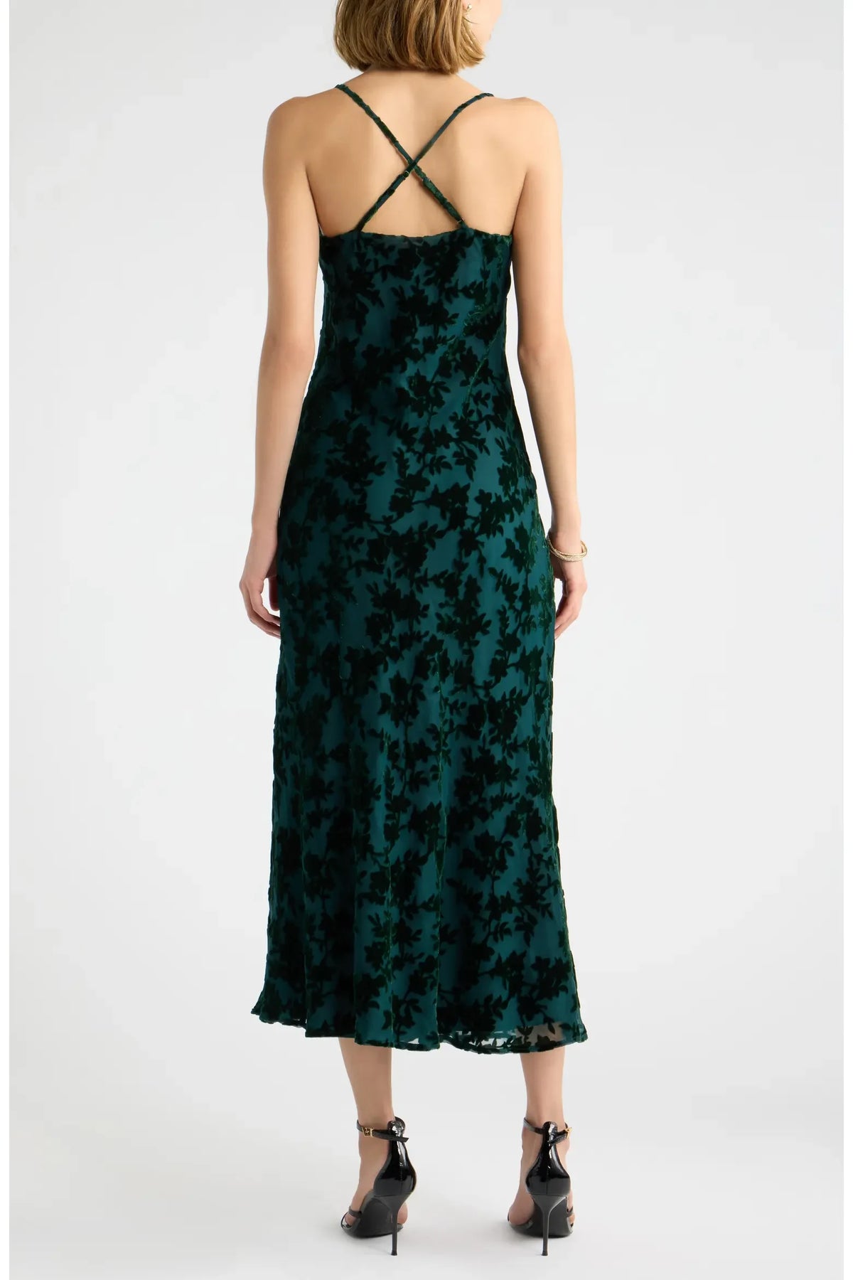 Elegant A-Line Cowl Neck Sleeveless Floral Dark Green Midi Evening Dress