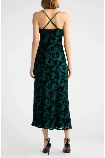 Elegant A-Line Cowl Neck Sleeveless Floral Dark Green Midi Evening Dress
