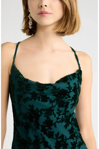 Elegant A-Line Cowl Neck Sleeveless Floral Dark Green Midi Evening Dress