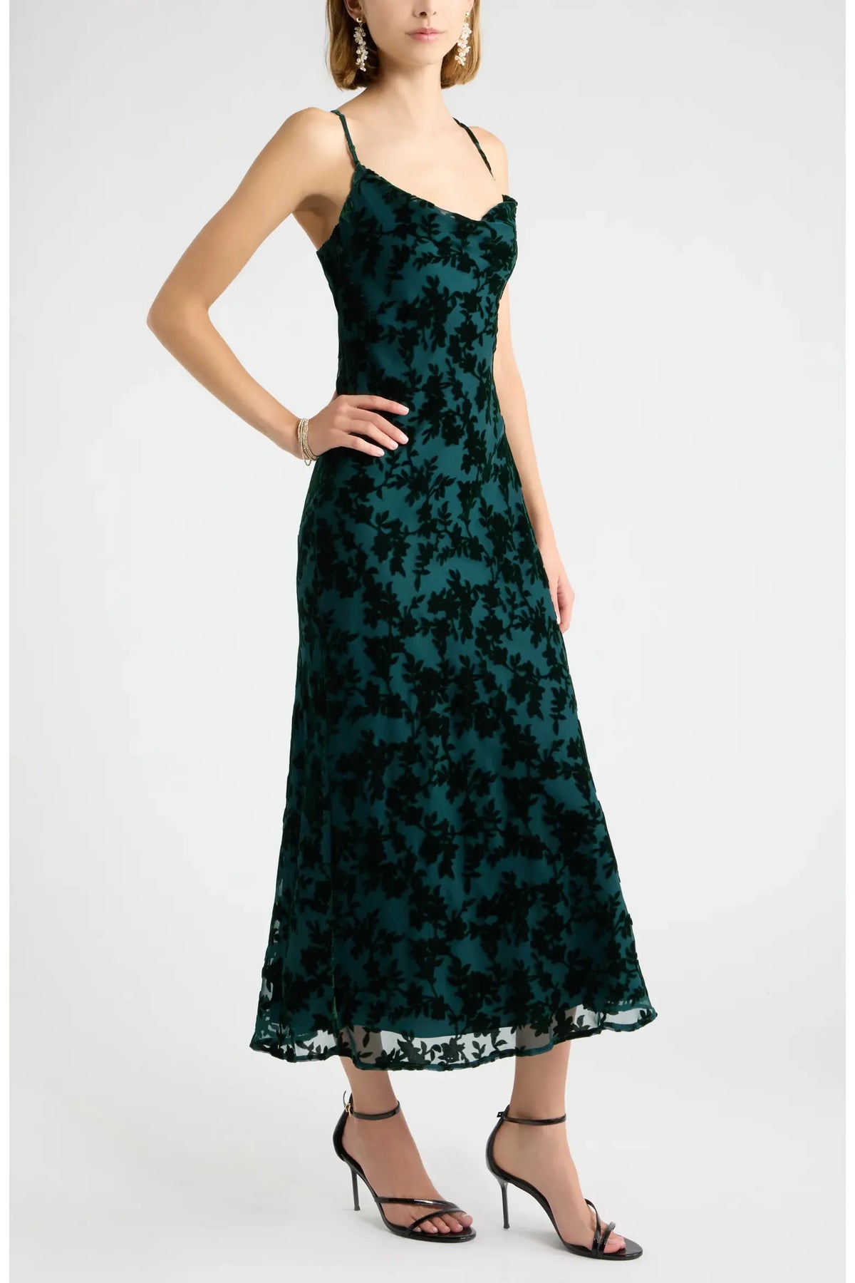 Elegant A-Line Cowl Neck Sleeveless Floral Dark Green Midi Evening Dress