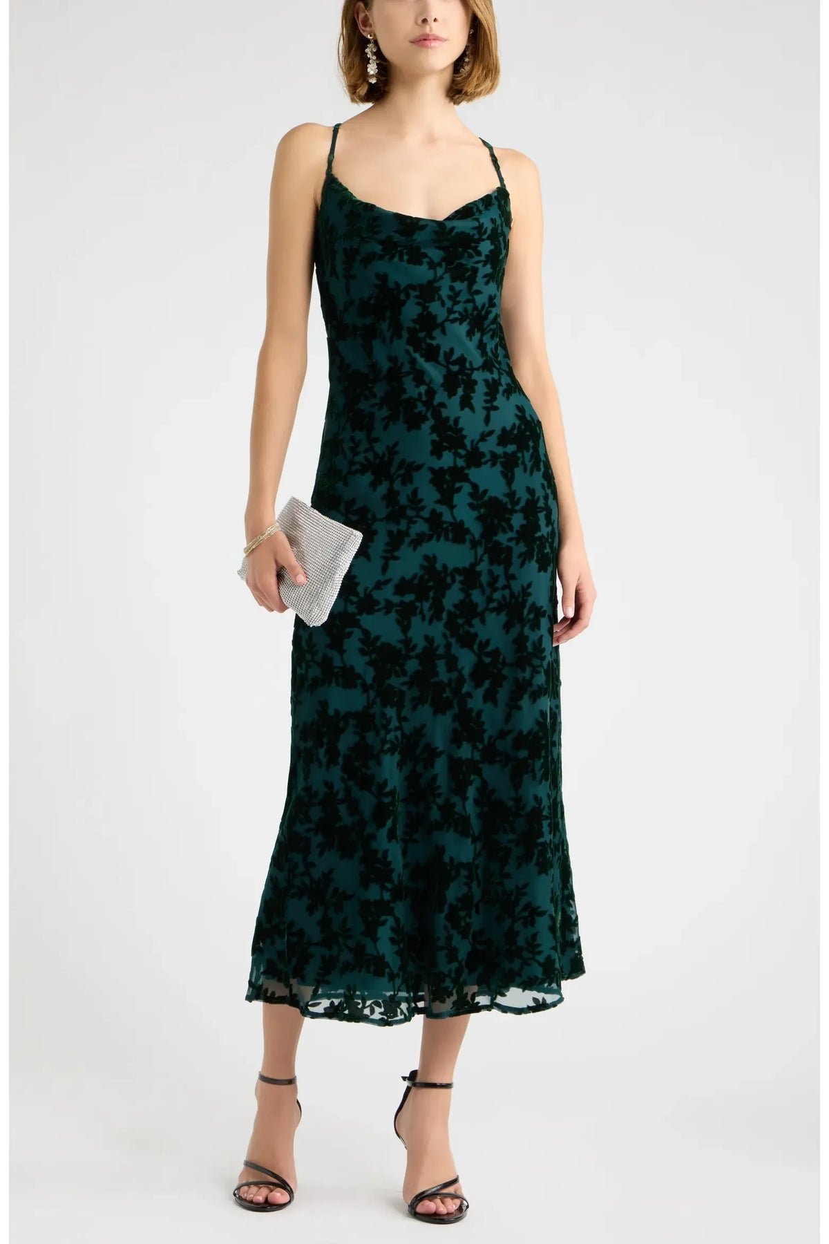 Elegant A-Line Cowl Neck Sleeveless Floral Dark Green Midi Evening Dress