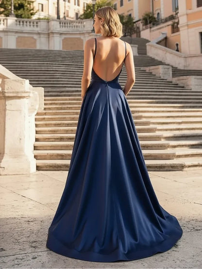 Elegant A-Line Cowl Neck Sleeveless Glamorous Slit Navy Blue Floor-Length Prom Dresses for Women