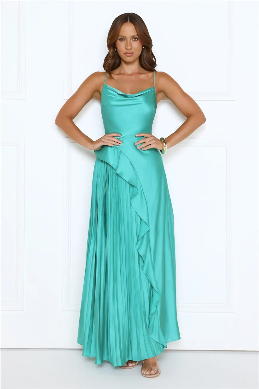 Elegant A-Line Cowl Neck Sleeveless Pleated Teal Floor-Length Prom Dress Gown