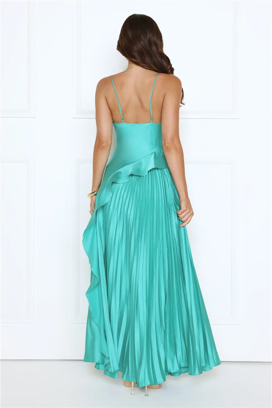 Elegant A-Line Cowl Neck Sleeveless Pleated Teal Floor-Length Prom Dress Gown