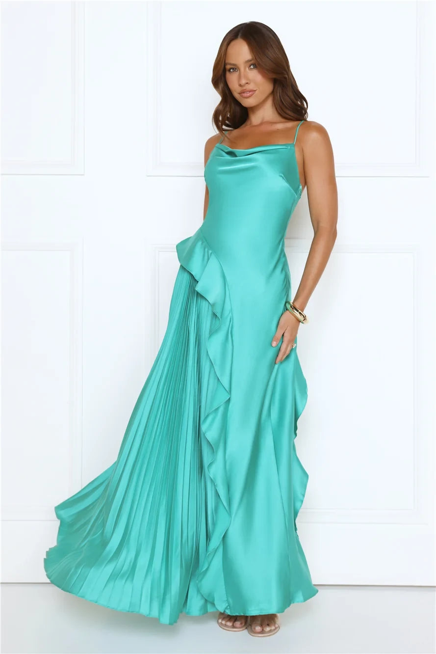 Elegant A-Line Cowl Neck Sleeveless Pleated Teal Floor-Length Prom Dress Gown