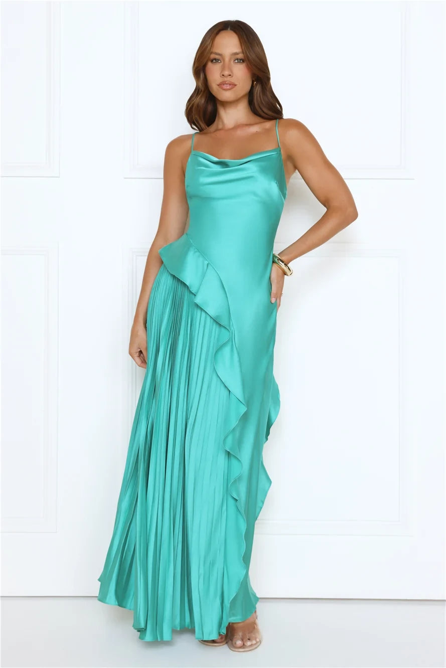 Elegant A-Line Cowl Neck Sleeveless Pleated Teal Floor-Length Prom Dress Gown