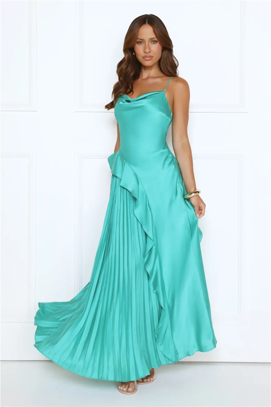Elegant A-Line Cowl Neck Sleeveless Pleated Teal Floor-Length Prom Dress Gown