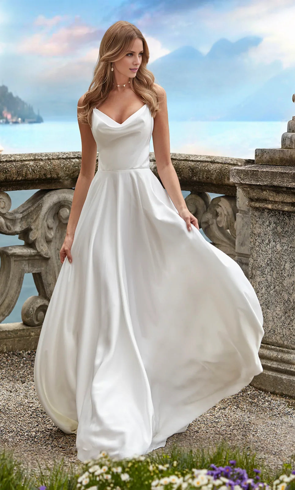 Elegant A-Line Cowl Neck Sleeveless Romantic White Floor-Length Wedding Dresses Brides Gown
