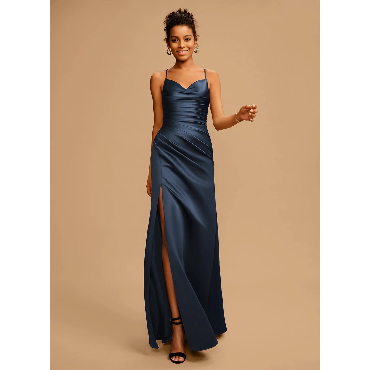 Elegant A-Line Cowl Neck Sleeveless Ruched Slit Navy Blue Prom Dress