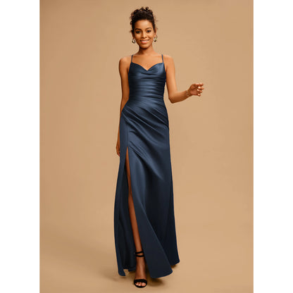 Elegant A-Line Cowl Neck Sleeveless Ruched Slit Navy Blue Prom Dress