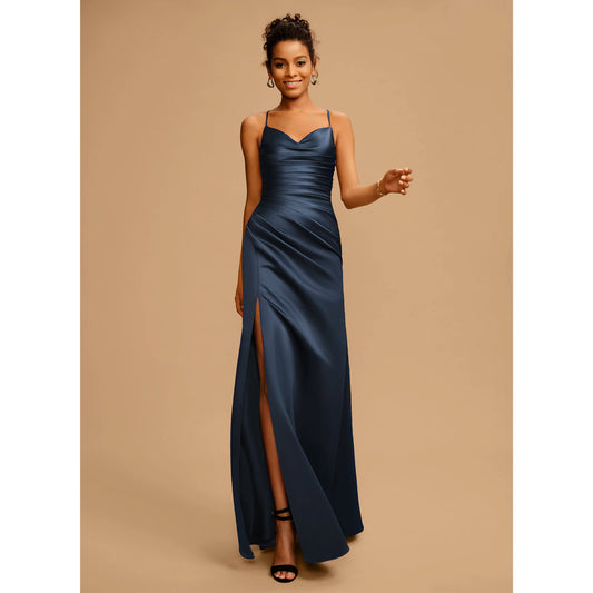 Elegant A-Line Cowl Neck Sleeveless Ruched Slit Navy Blue Prom Dress