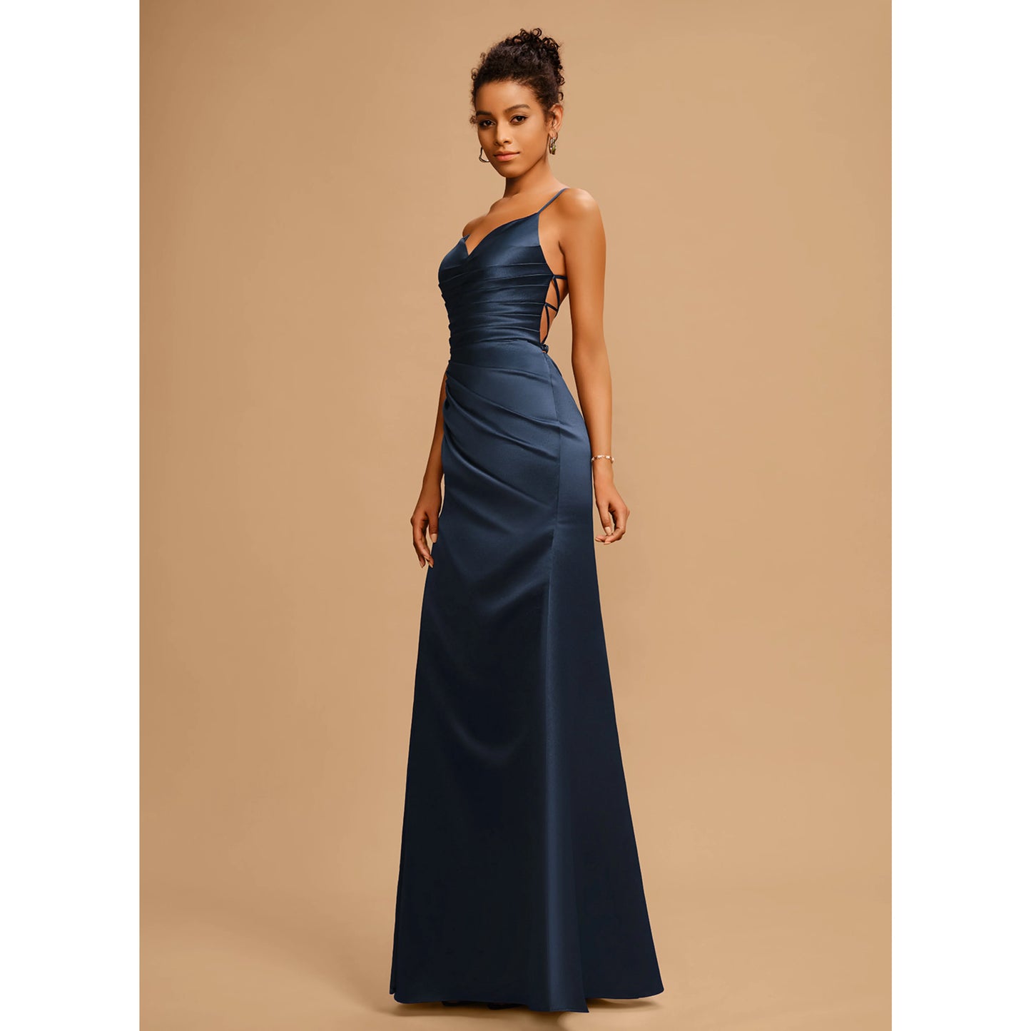 Elegant A-Line Cowl Neck Sleeveless Ruched Slit Navy Blue Prom Dress