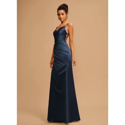 Elegant A-Line Cowl Neck Sleeveless Ruched Slit Navy Blue Prom Dress